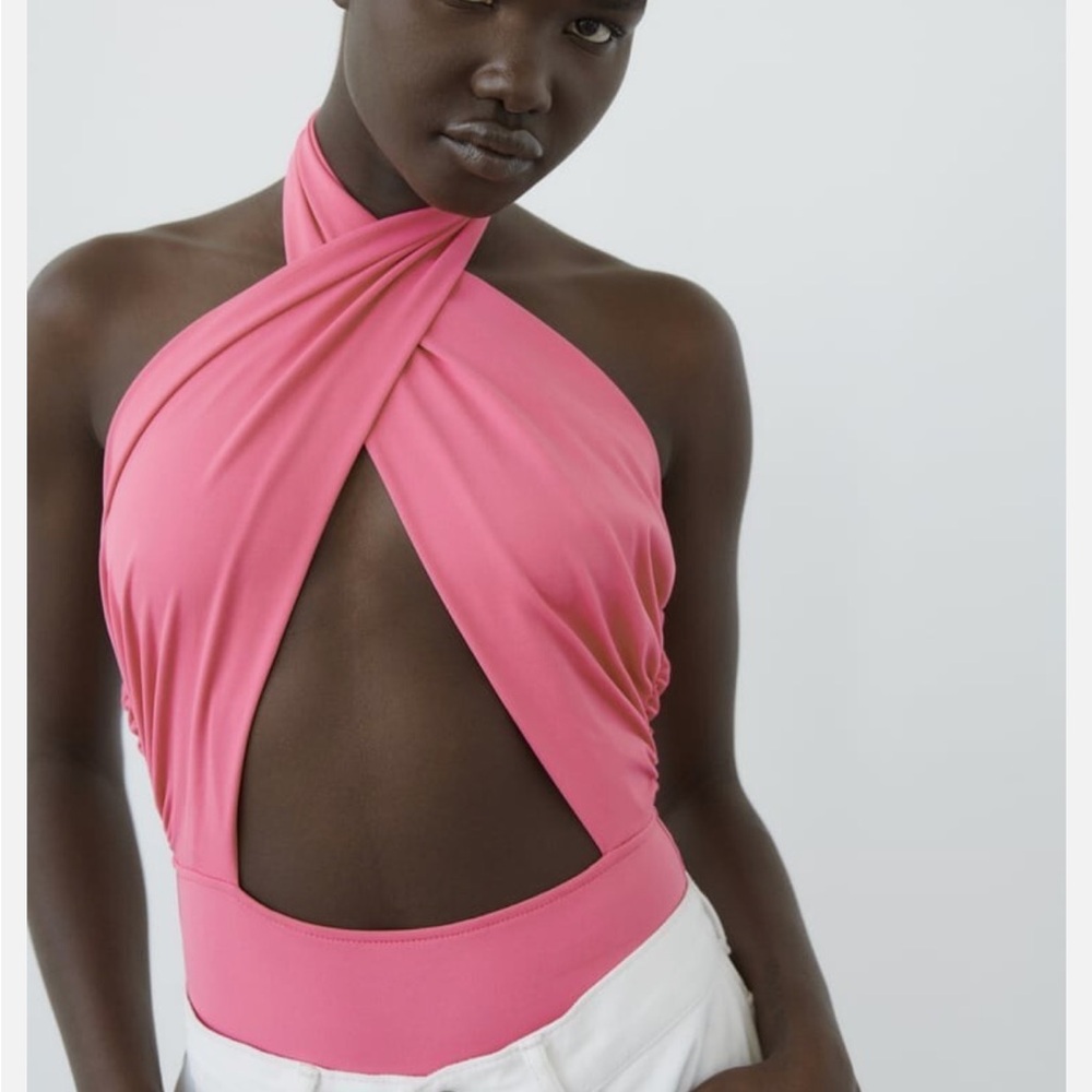 ZARA Pink Cross Halter Bodysuit